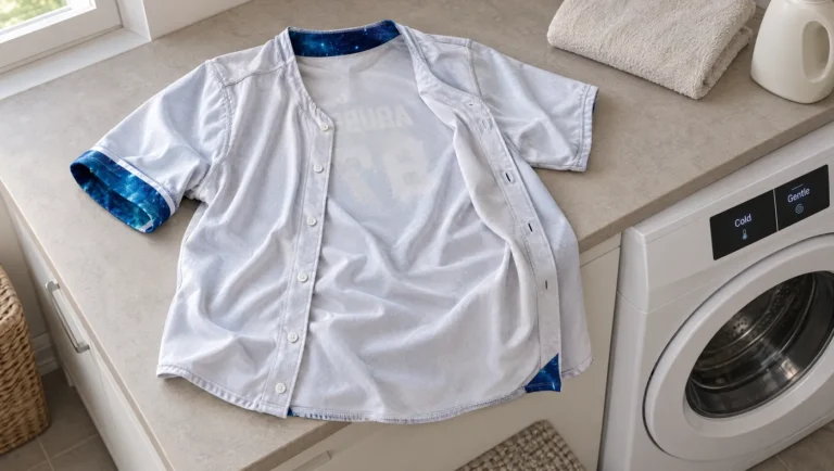 How to wash a jersey: blue galaxy jersey inside out beside a washer set to cold and gentle.