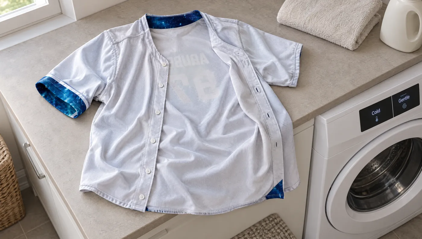 How to wash a jersey: blue galaxy jersey inside out beside a washer set to cold and gentle.