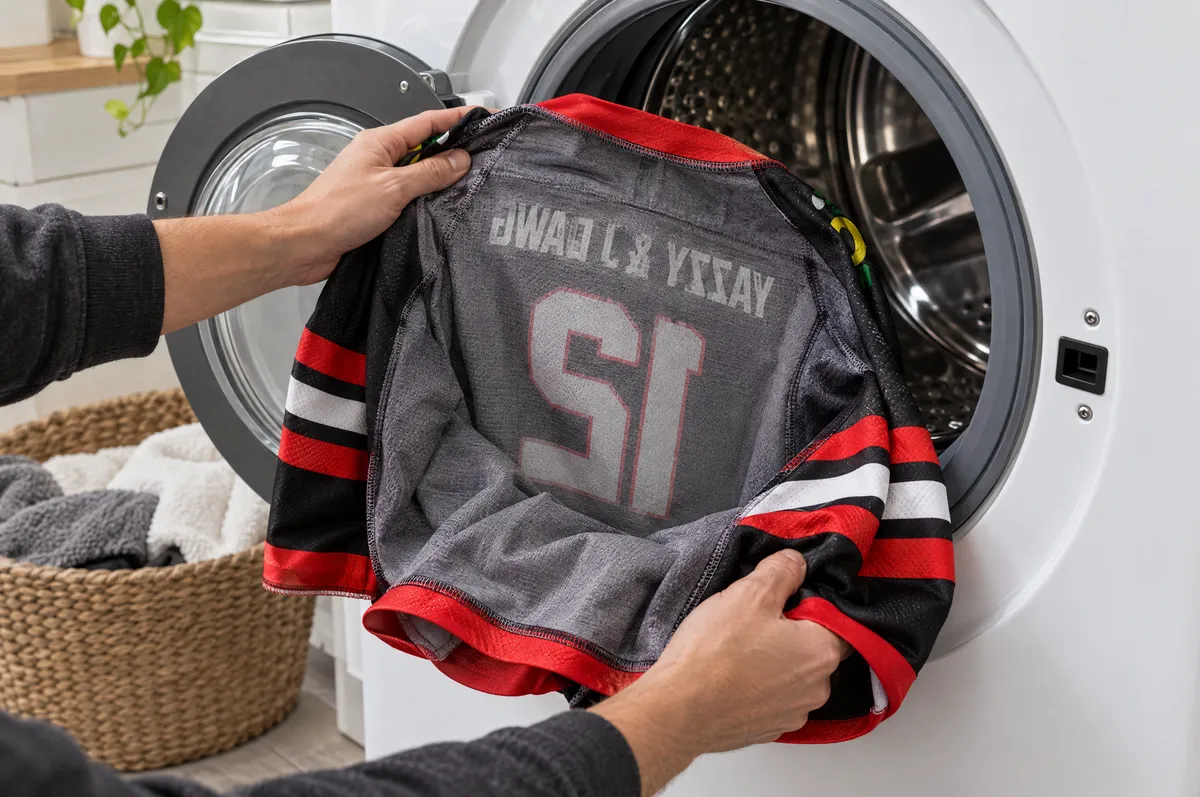 Inside-out black and red hockey jersey being placed in a front-loading washing machine.