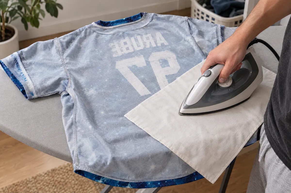 Iron resting on a protective pressing cloth over the inside of a blue galaxy jersey.