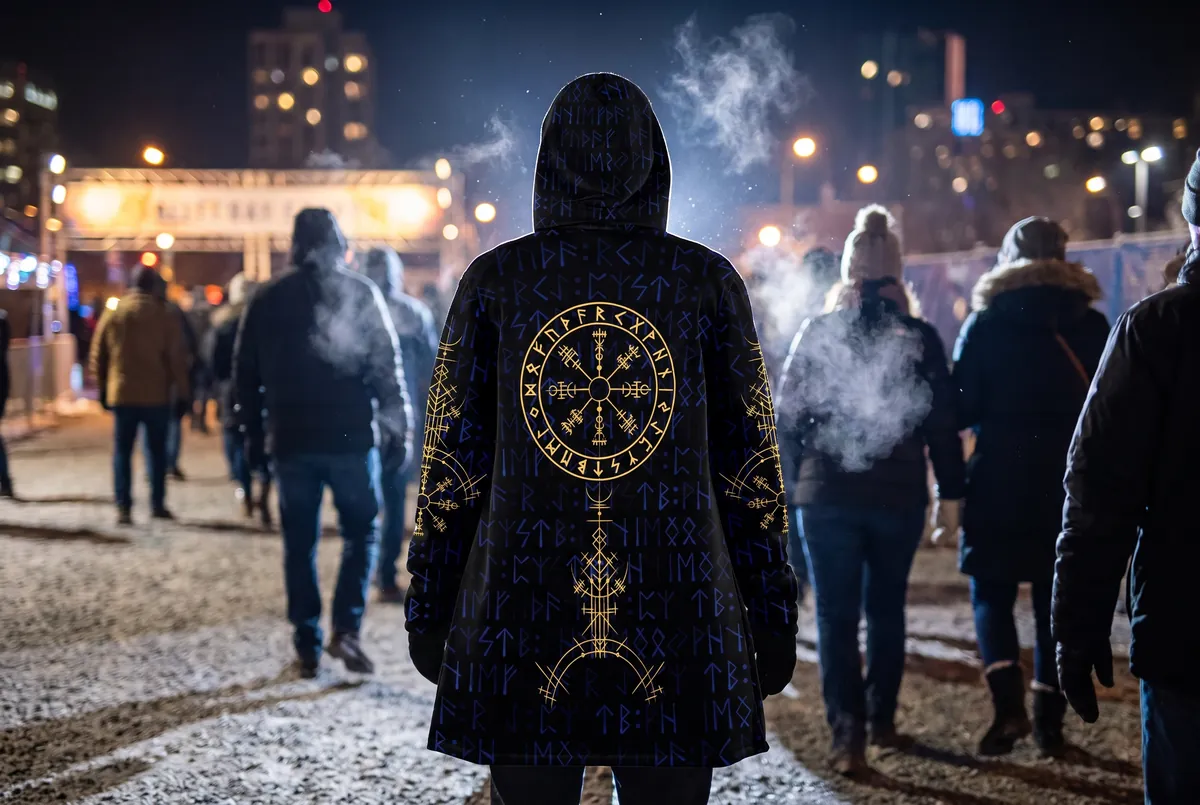 Raver seen from behind in a black Norse rave cloak with a gold compass on the back, waiting in a cold night line