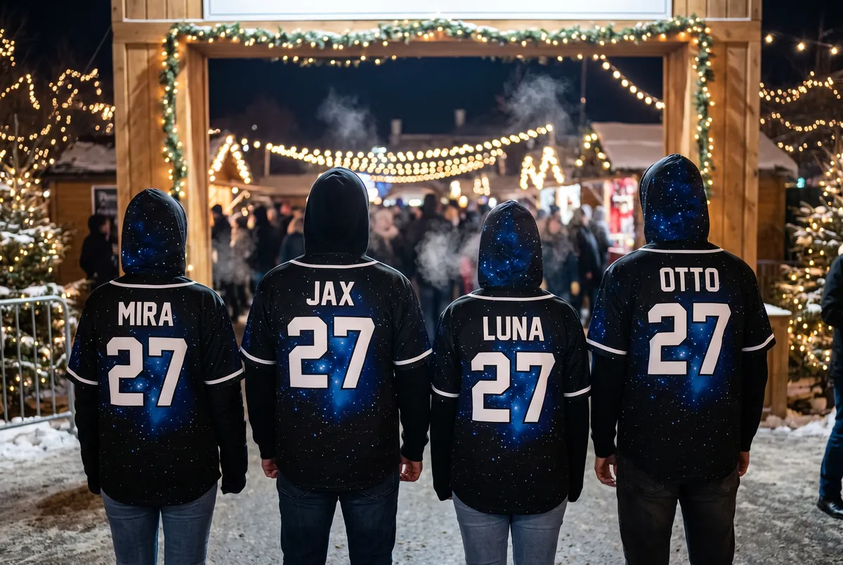 Four friends seen from behind in matching night-sky hooded jerseys, each with 27 and a made-up name on the back, outside a winter venue, a crew design idea for NYE raves