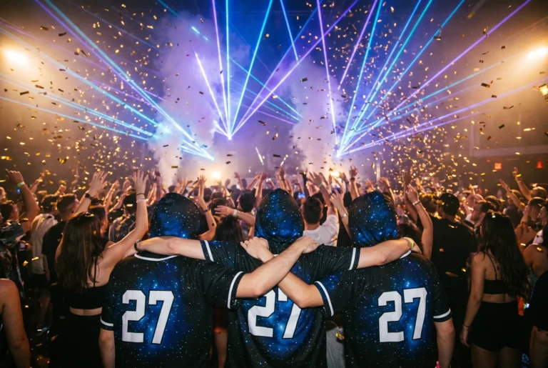 Three friends seen from behind in matching night-sky hooded jerseys with 27 on the back, arms linked at an NYE rave under lasers and confetti