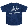 Back view flat lay of navy swirl rave baseball jersey with white signature-style logo back print