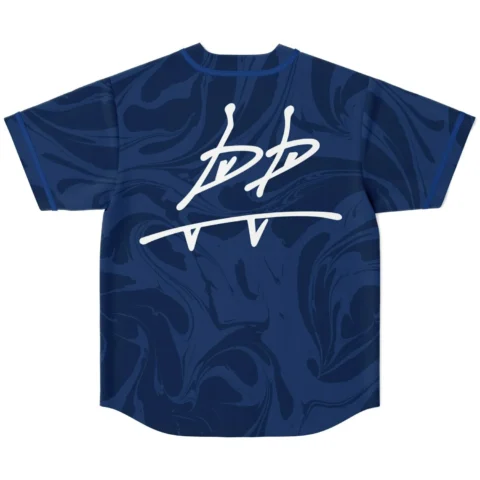 Back view flat lay of navy swirl rave baseball jersey with white signature-style logo back print