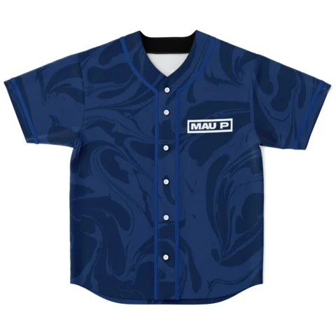 Front flat lay of navy swirl baseball jersey with white 'MAU P' chest logo
