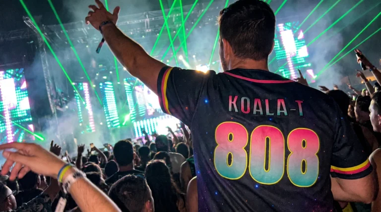 A raver seen from behind at a night festival stage with green lasers, one arm up, wearing a galaxy-print rave jersey with KOALA-T over 808 on the back