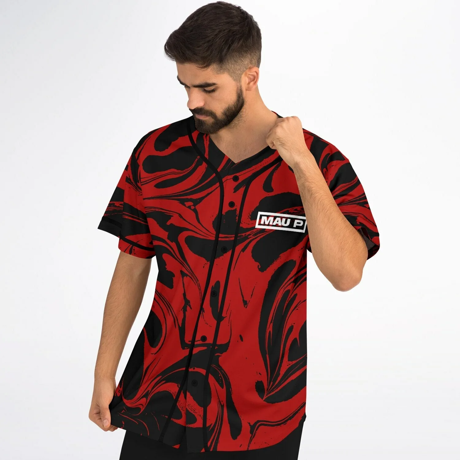 Red & Black Marble Baseball Jersey with Chest Logo โ view 4